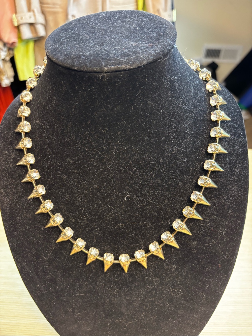 Crystal Spike Collar Necklace Gold Tone Rhinestone Cone Choker Punk Glam
